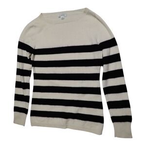 Garnet Hill Sweater Womens S Cashmere Black White Striped Crew Neck Pullover